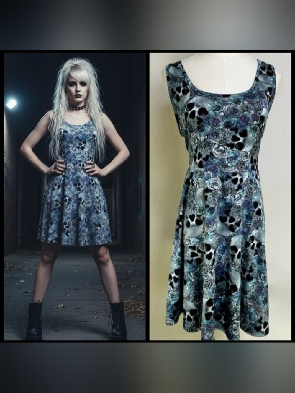 Hot Topic Teal & purple watercolor Roses Skulls Graphics Skater Dress XL NWOT